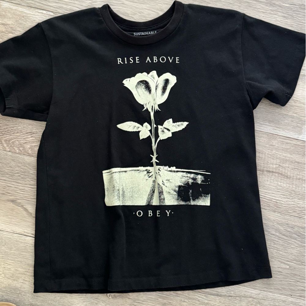 Obey Black Tee with White Floral Graphic